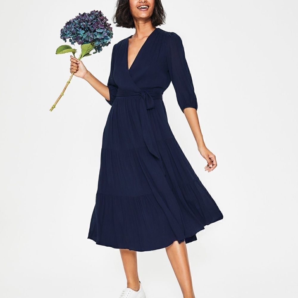 Boden Aurora Navy Blue Midi Wrap Dress Size 2R